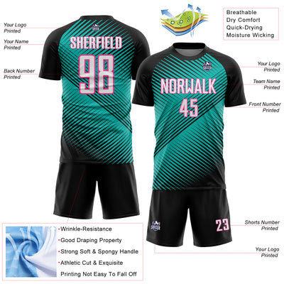 Custom Black White Aqua-Pink Line Sublimation Soccer Uniform Jersey
