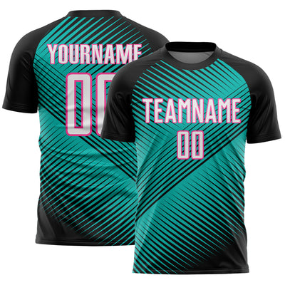 Custom Black White Aqua-Pink Line Sublimation Soccer Uniform Jersey