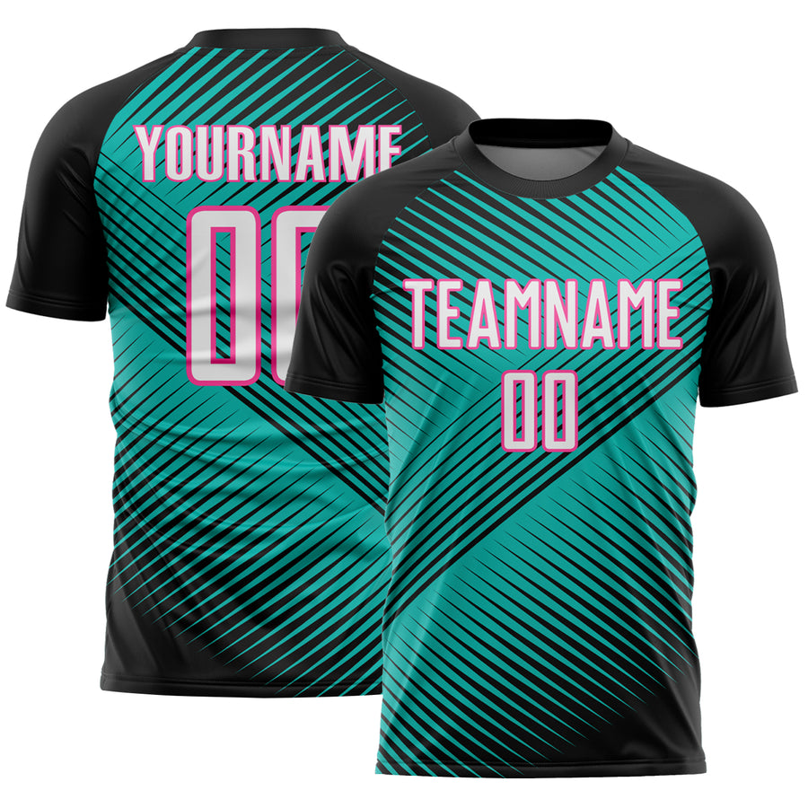 Custom Black White Aqua-Pink Line Sublimation Soccer Uniform Jersey