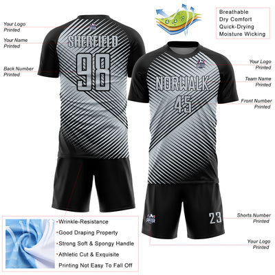 Custom Black Silver Line Sublimation Soccer Uniform Jersey