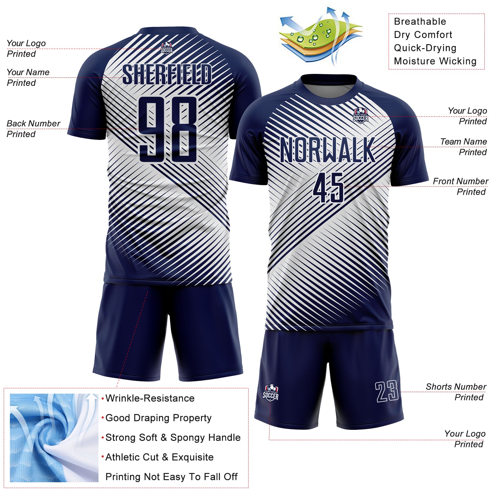Custom Navy White Line Sublimation Soccer Uniform Jersey