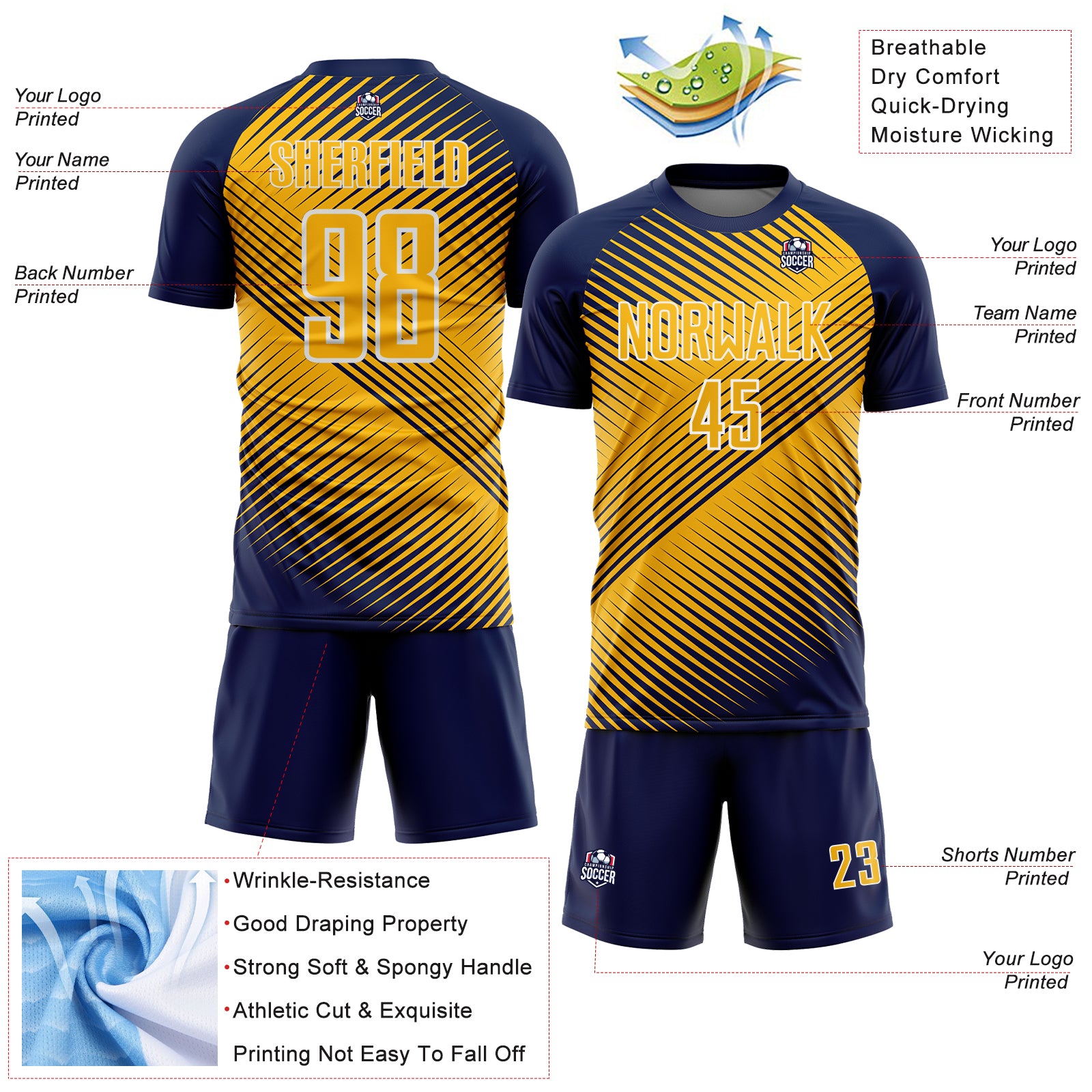 Custom Navy Gold-White Line Sublimation Soccer Uniform Jersey