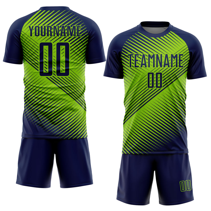 Custom Navy Neon Green Line Sublimation Soccer Uniform Jersey