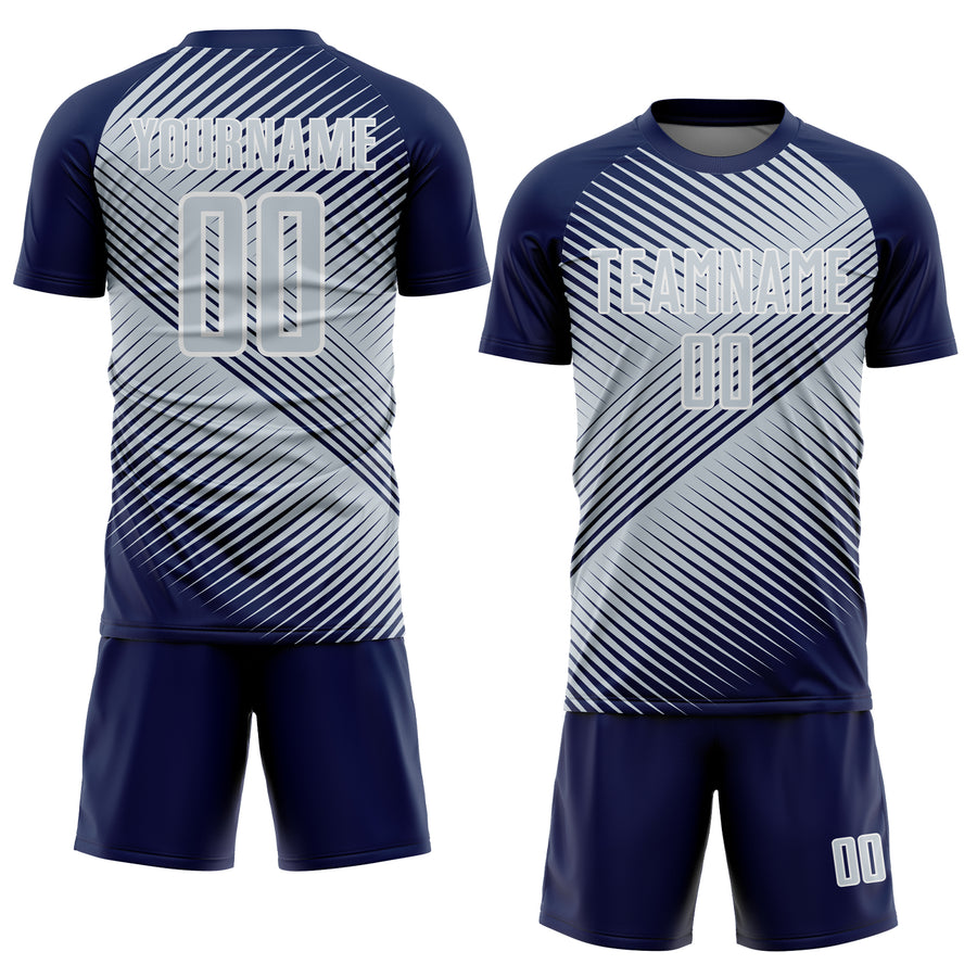 Custom Navy Silver-White Line Sublimation Soccer Uniform Jersey