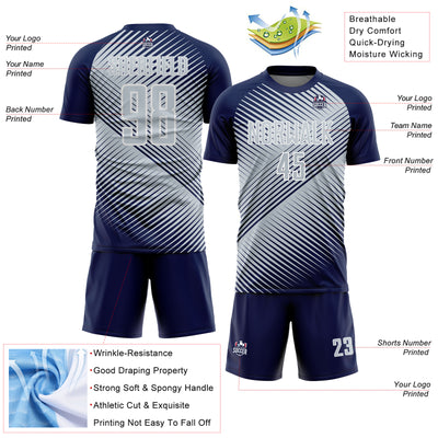 Custom Navy Silver-White Line Sublimation Soccer Uniform Jersey