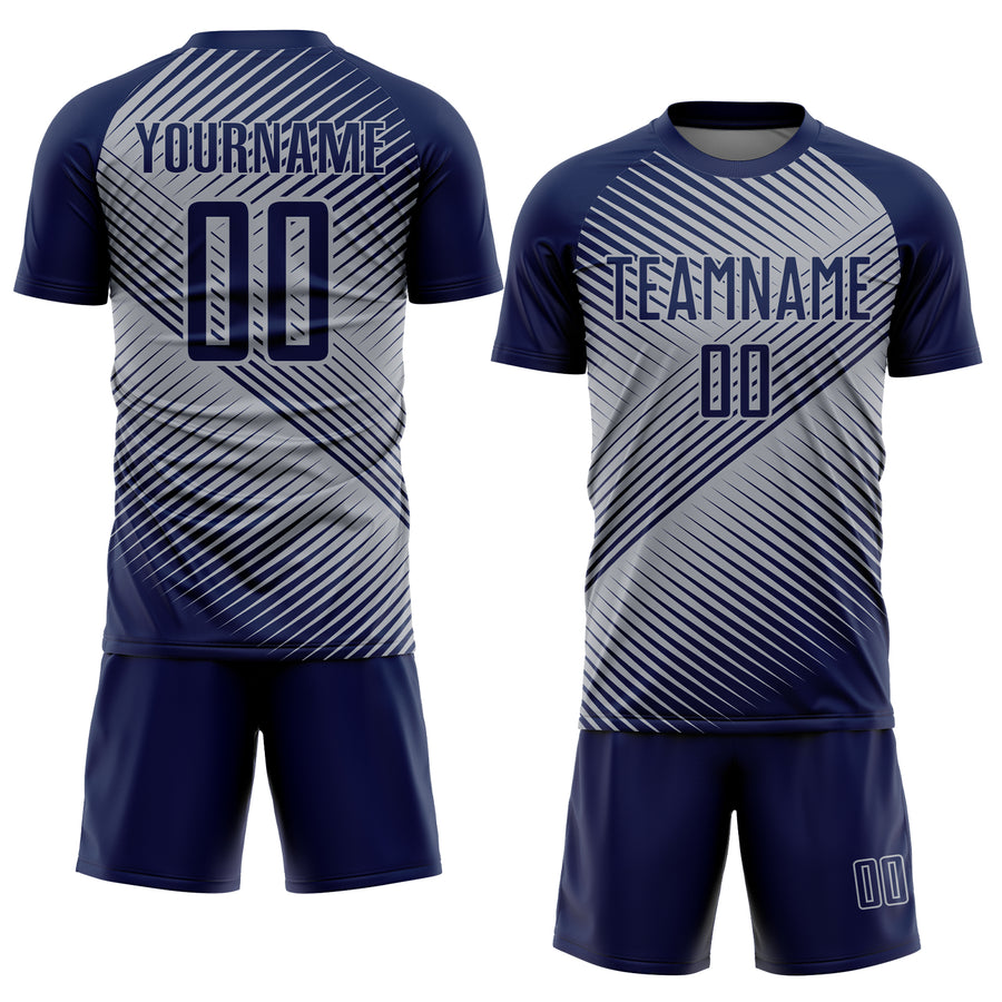 Custom Navy Gray Line Sublimation Soccer Uniform Jersey