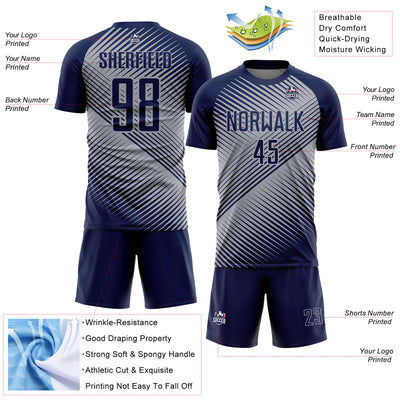 Custom Navy Gray Line Sublimation Soccer Uniform Jersey