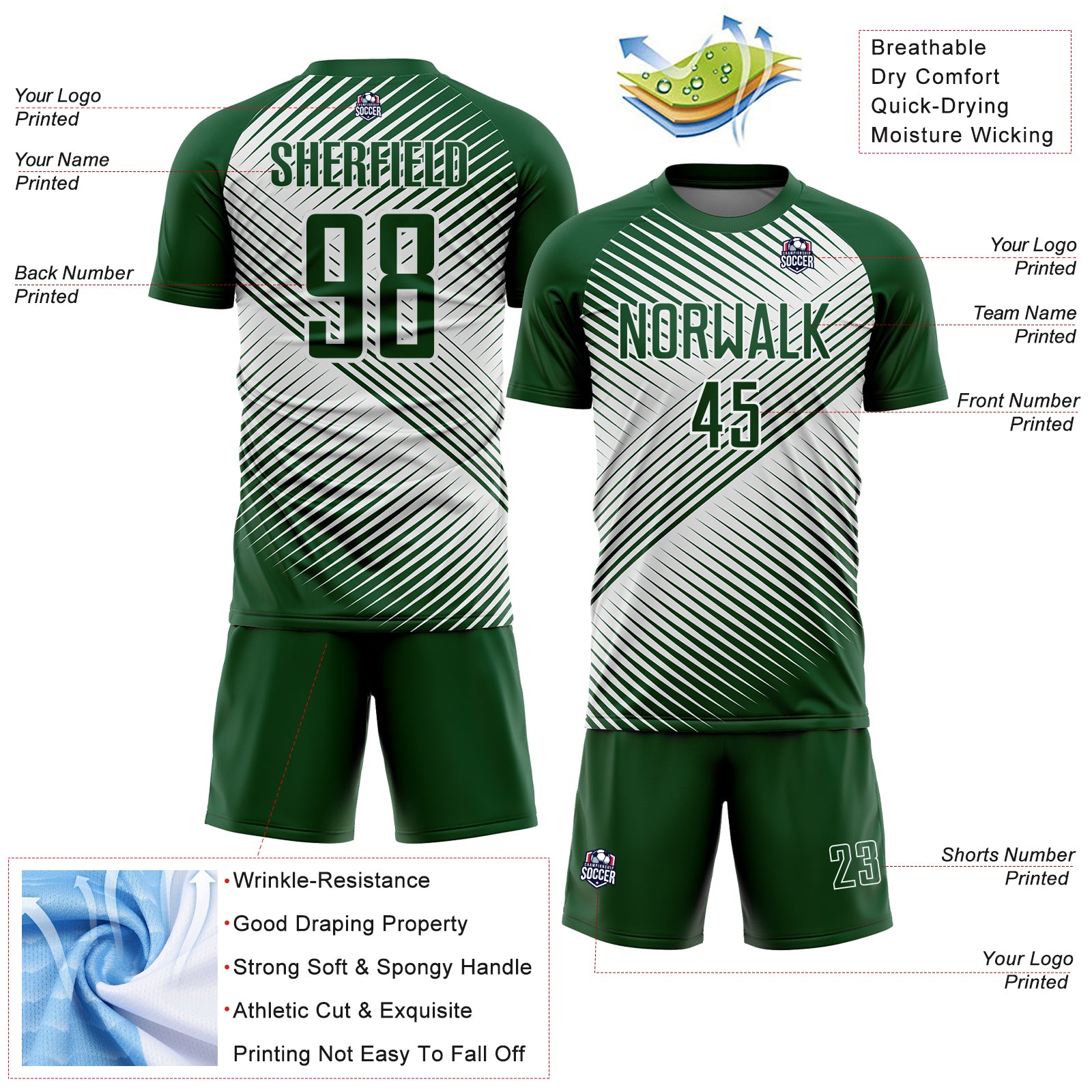 Custom Green White Line Sublimation Soccer Uniform Jersey