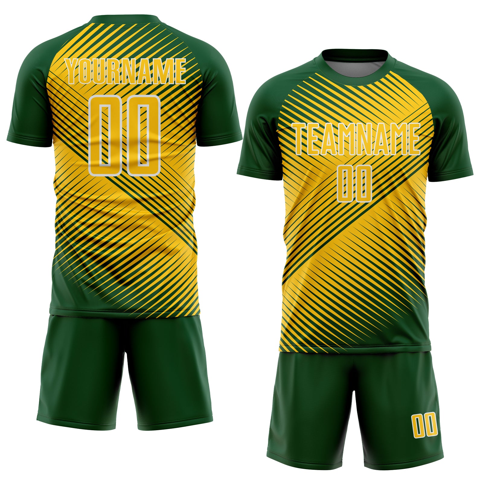 Custom Green Yellow-White Line Sublimation Soccer Uniform Jersey