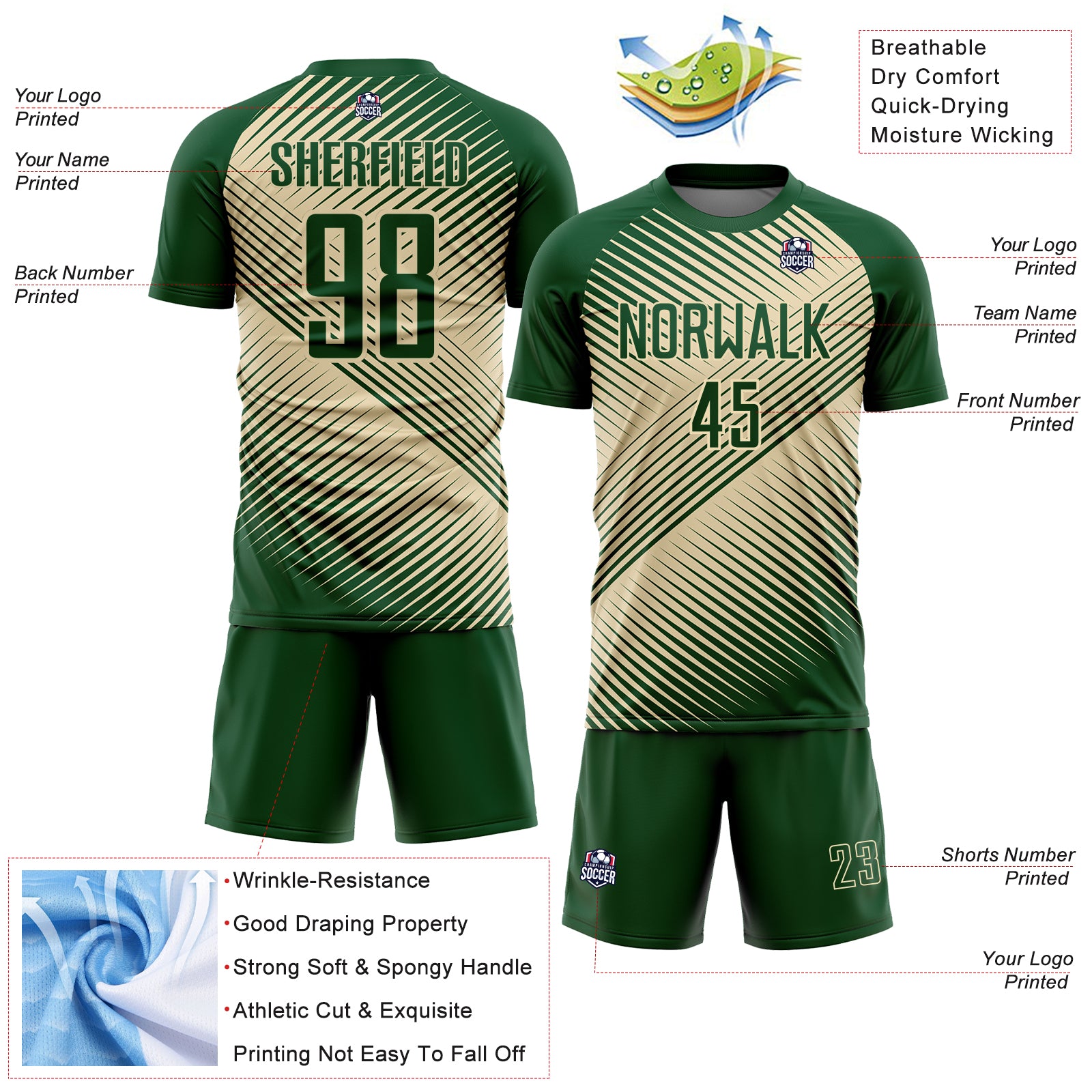 Custom Green Cream Line Sublimation Soccer Uniform Jersey