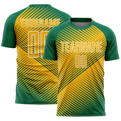 Custom Kelly Green Gold-White Line Sublimation Soccer Uniform Jersey