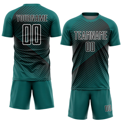 Custom Teal Black-White Line Sublimation Soccer Uniform Jersey