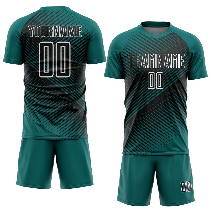 Custom Teal Black-White Line Sublimation Soccer Uniform Jersey