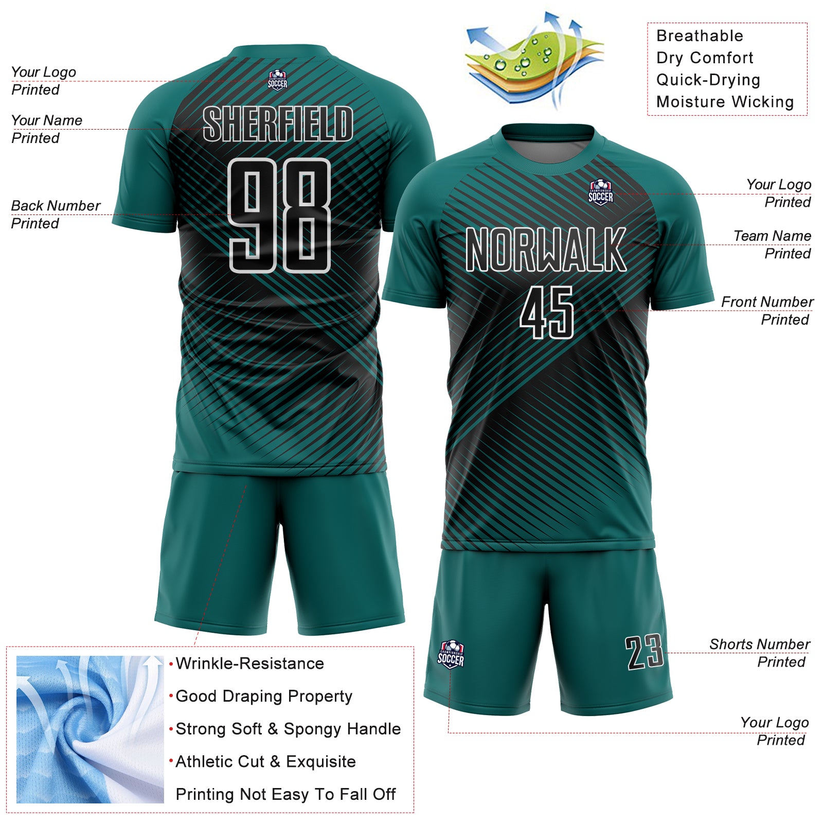 Custom Teal Black-White Line Sublimation Soccer Uniform Jersey