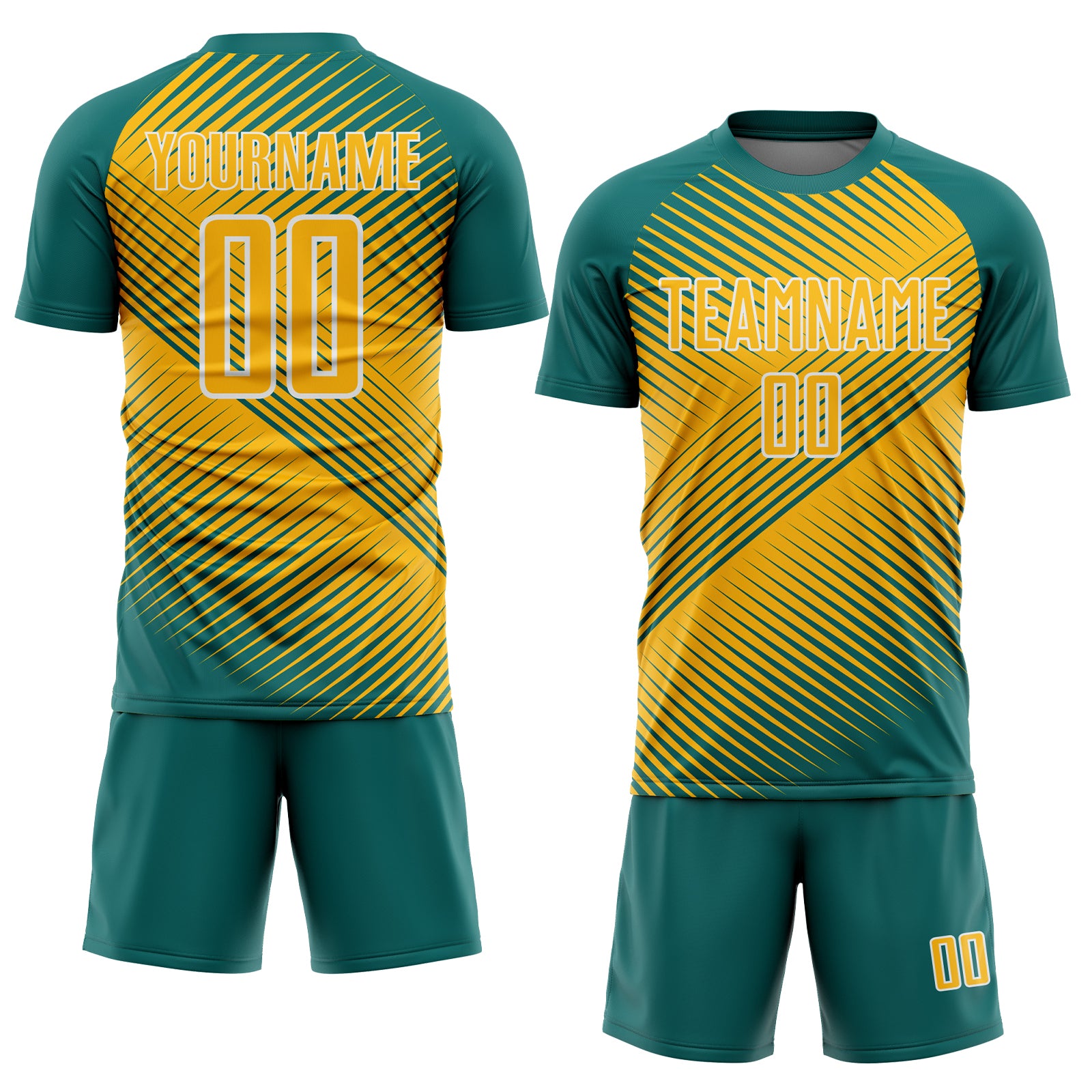 Custom Teal Gold-White Line Sublimation Soccer Uniform Jersey