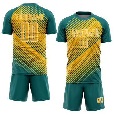 Custom Teal Gold-White Line Sublimation Soccer Uniform Jersey