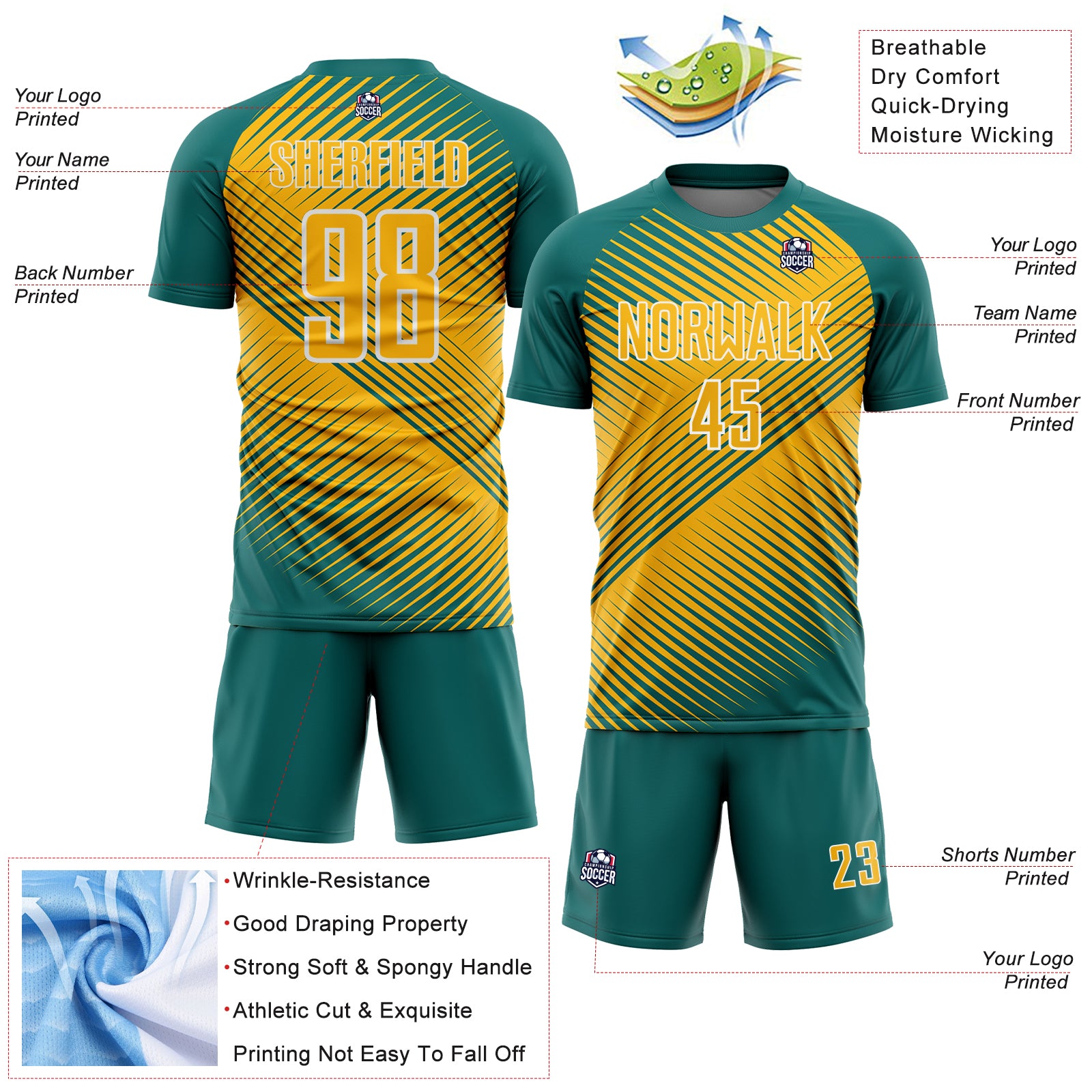 Custom Teal Gold-White Line Sublimation Soccer Uniform Jersey