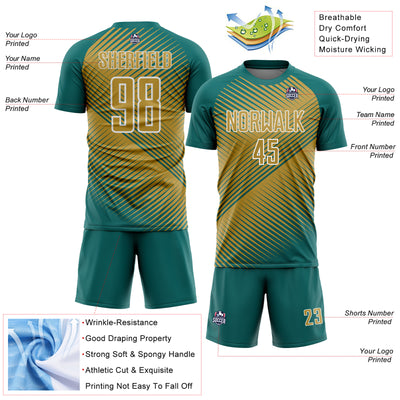 Custom Teal Old Gold-White Line Sublimation Soccer Uniform Jersey