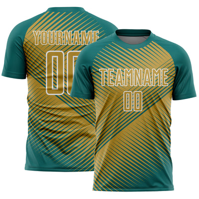 Custom Teal Old Gold-White Line Sublimation Soccer Uniform Jersey