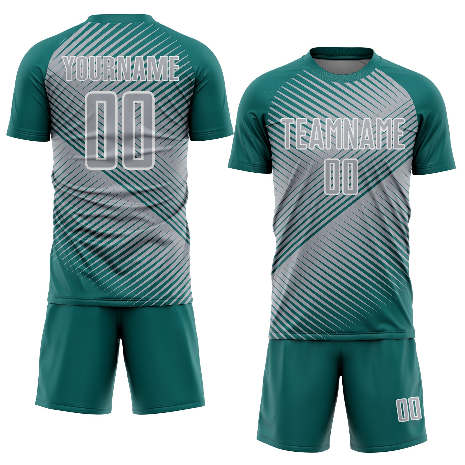 Custom Teal Gray-White Line Sublimation Soccer Uniform Jersey
