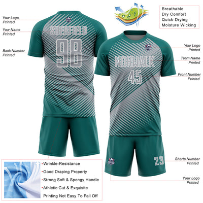 Custom Teal Gray-White Line Sublimation Soccer Uniform Jersey