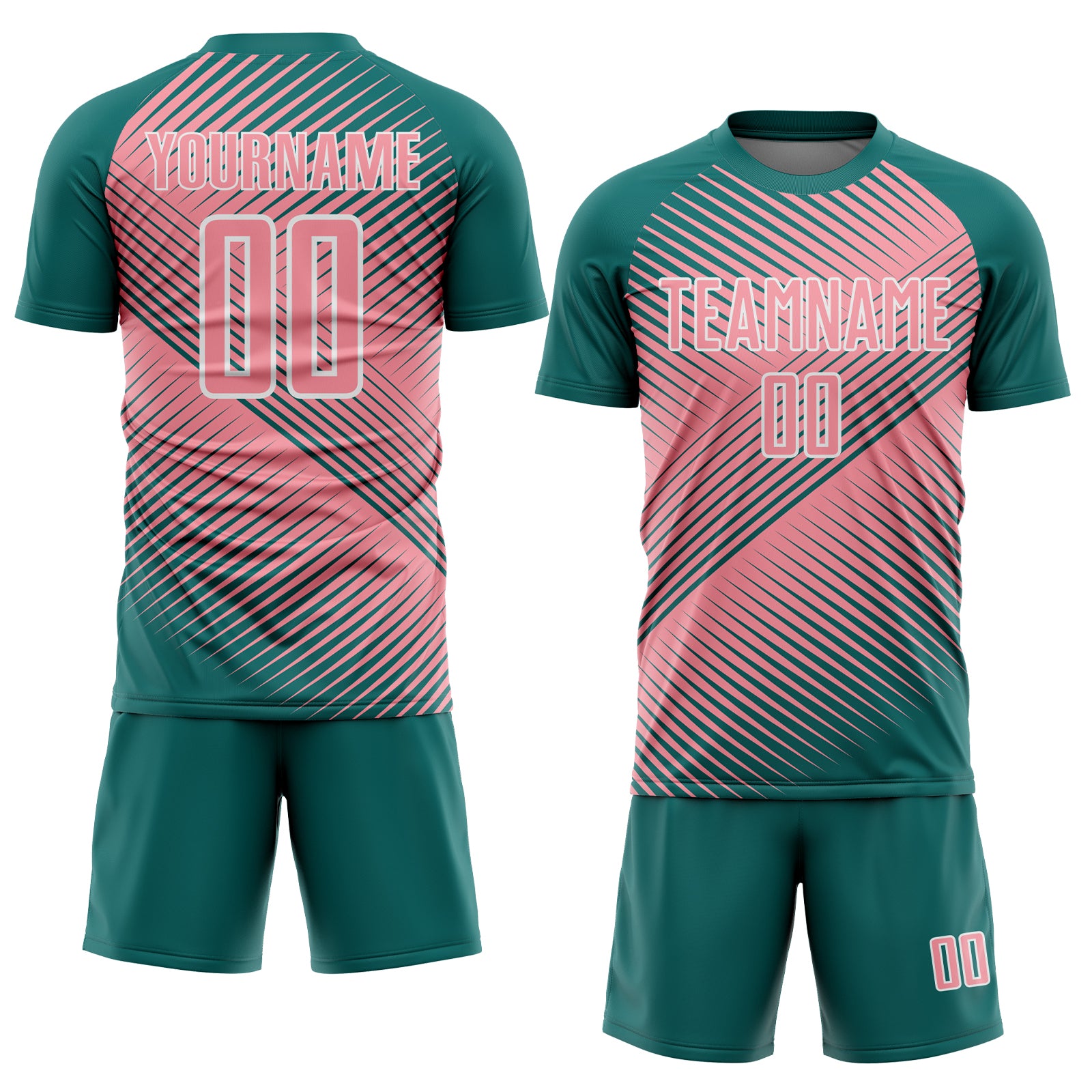 Custom Teal Medium Pink-White Line Sublimation Soccer Uniform Jersey