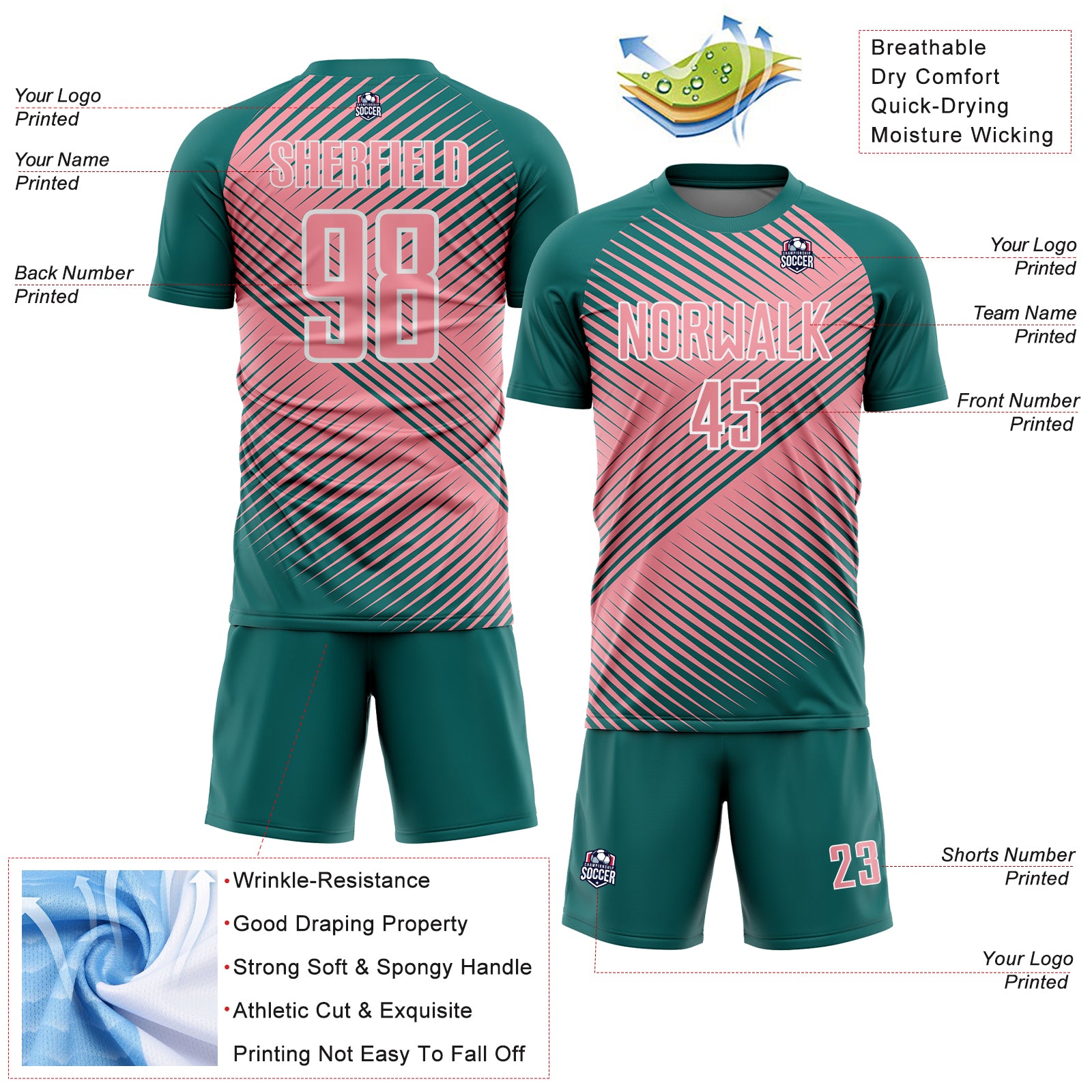 Custom Teal Medium Pink-White Line Sublimation Soccer Uniform Jersey