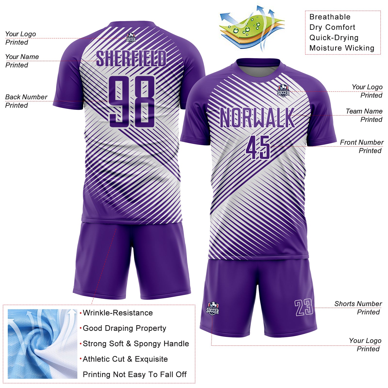 Custom Purple White Line Sublimation Soccer Uniform Jersey