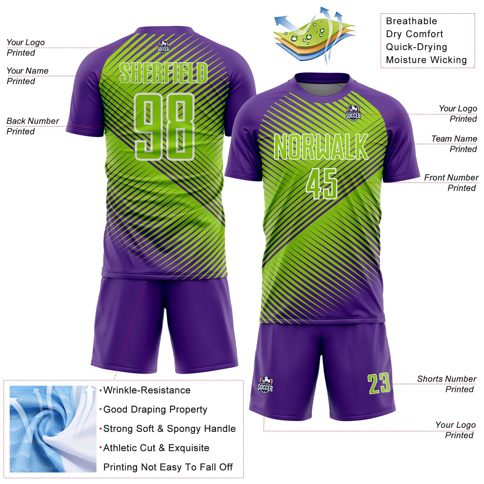 Custom Purple Neon Green-White Line Sublimation Soccer Uniform Jersey