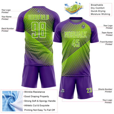 Custom Purple Neon Green-White Line Sublimation Soccer Uniform Jersey