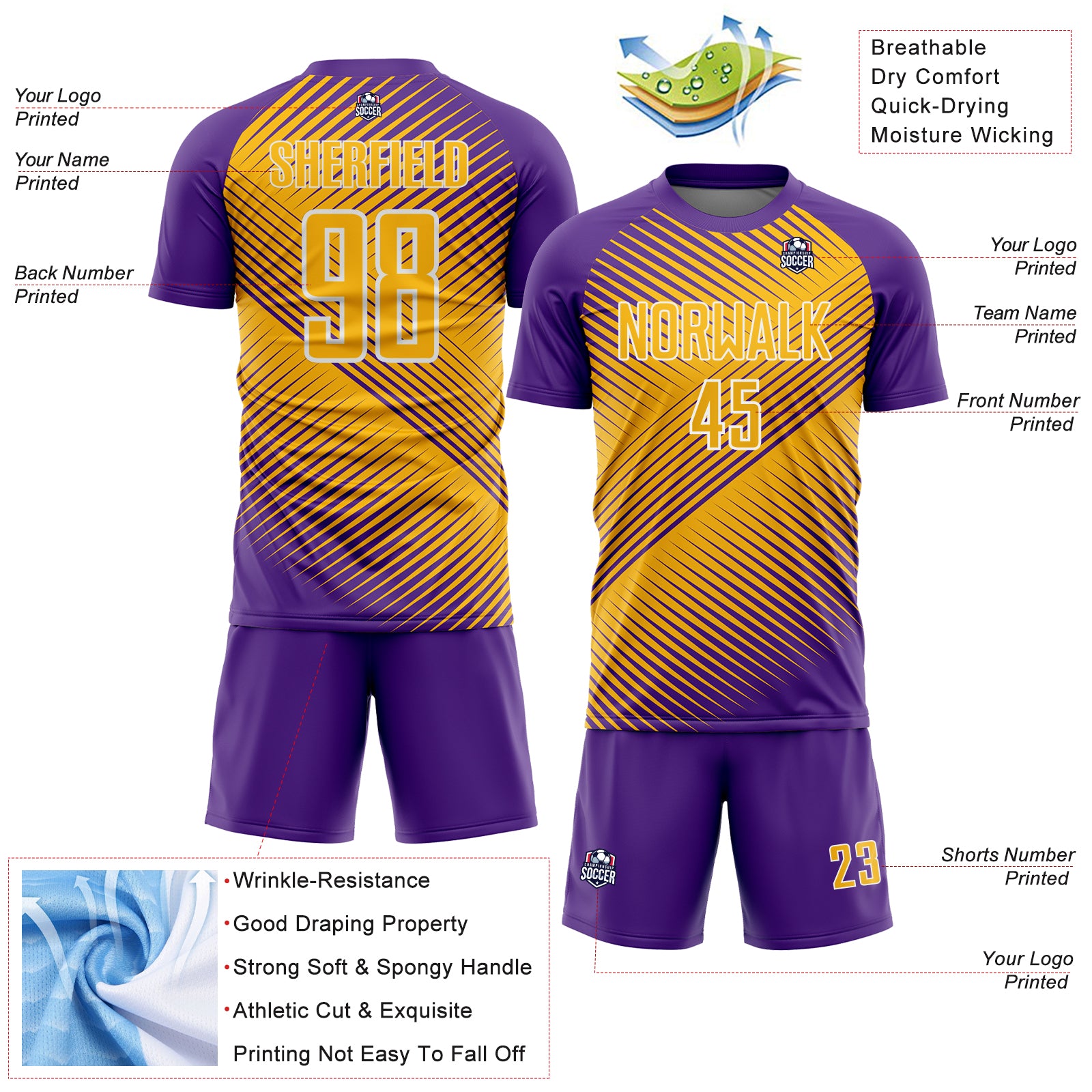 Custom Purple Gold-White Line Sublimation Soccer Uniform Jersey
