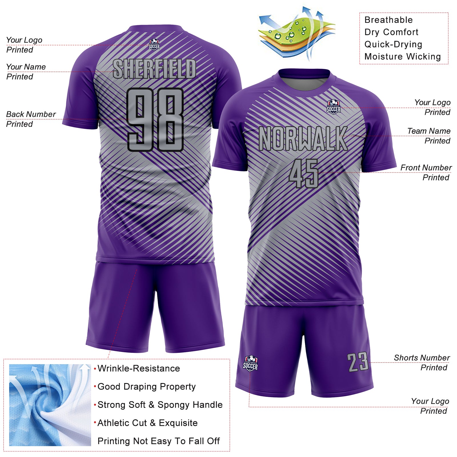 Custom Purple Gray-Black Line Sublimation Soccer Uniform Jersey