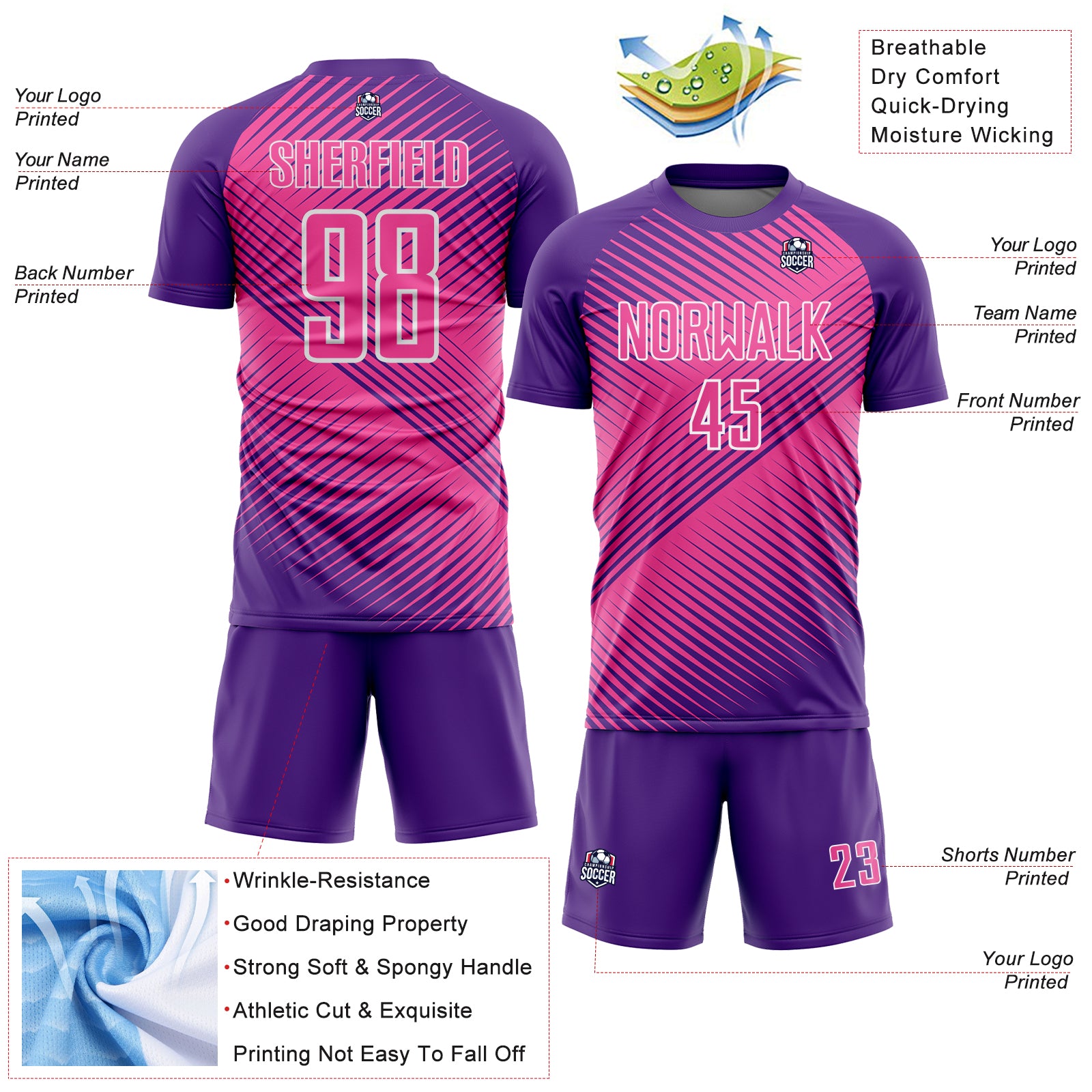 Custom Purple Pink-White Line Sublimation Soccer Uniform Jersey