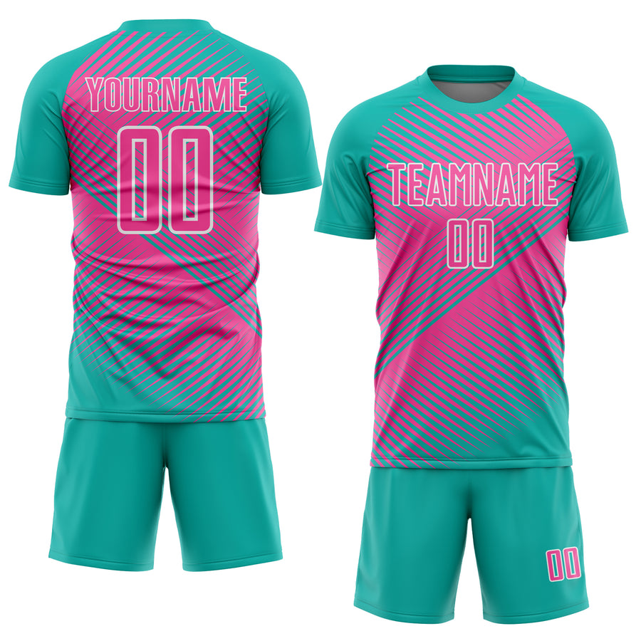Custom Aqua Pink-White Line Sublimation Soccer Uniform Jersey