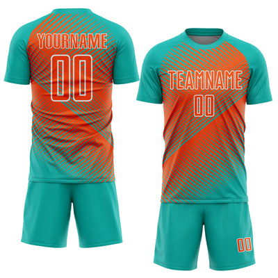 Custom Aqua Orange-White Line Sublimation Soccer Uniform Jersey