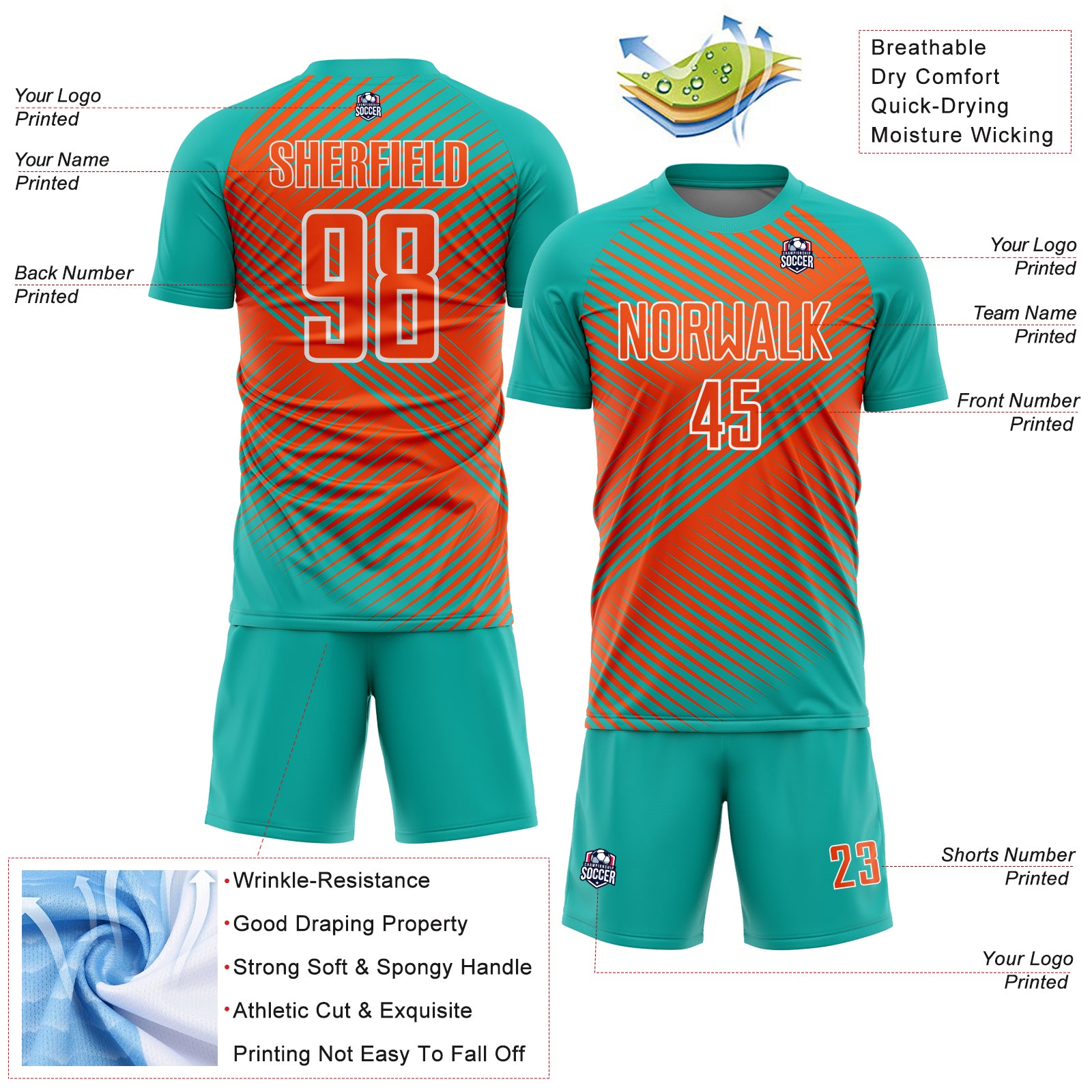 Custom Aqua Orange-White Line Sublimation Soccer Uniform Jersey