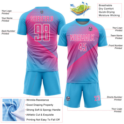 Custom Sky Blue Pink-White Line Sublimation Soccer Uniform Jersey