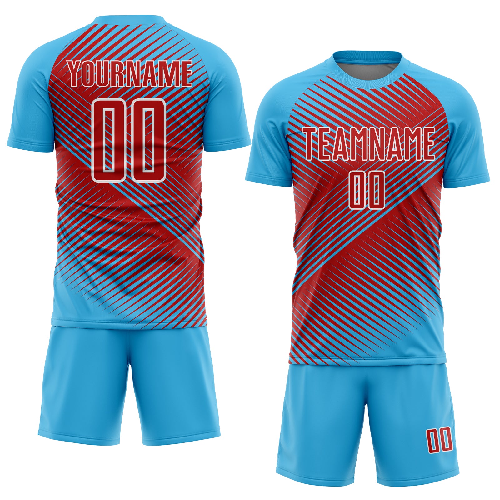 Custom Sky Blue Red-White Line Sublimation Soccer Uniform Jersey