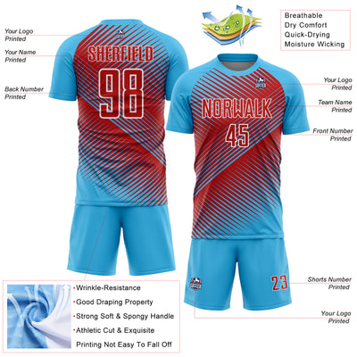 Custom Sky Blue Red-White Line Sublimation Soccer Uniform Jersey