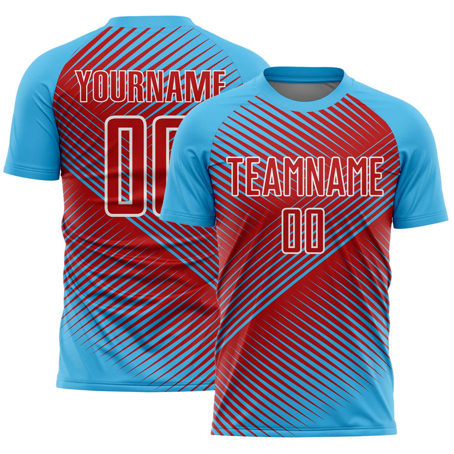 Custom Sky Blue Red-White Line Sublimation Soccer Uniform Jersey