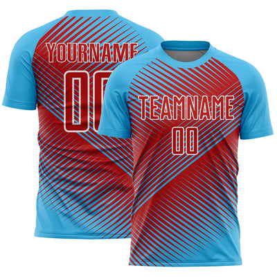 Custom Sky Blue Red-White Line Sublimation Soccer Uniform Jersey