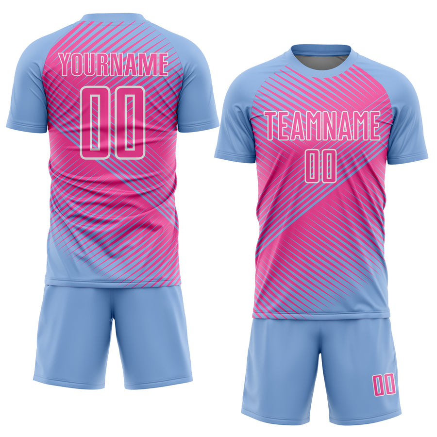 Custom Light Blue Pink-White Line Sublimation Soccer Uniform Jersey