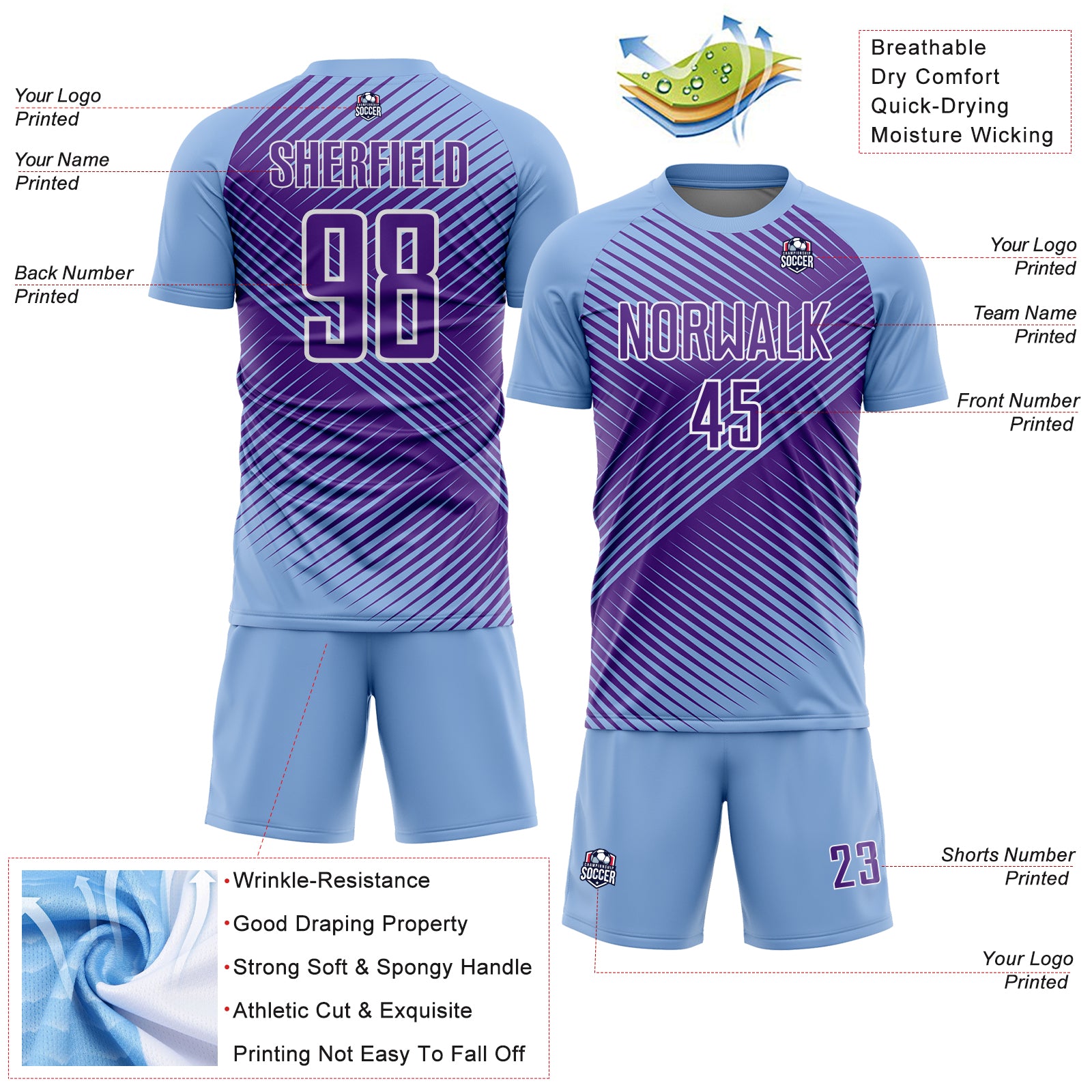 Custom Light Blue Purple-White Line Sublimation Soccer Uniform Jersey