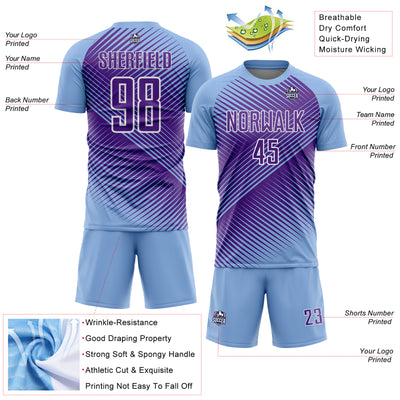 Custom Light Blue Purple-White Line Sublimation Soccer Uniform Jersey