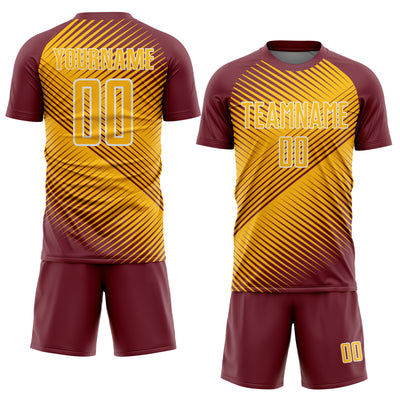 Custom Burgundy Gold-White Line Sublimation Soccer Uniform Jersey