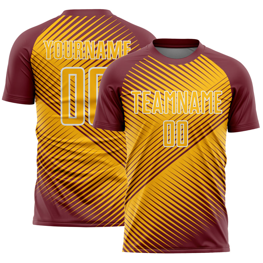 Custom Burgundy Gold-White Line Sublimation Soccer Uniform Jersey