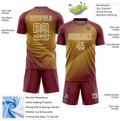 Custom Burgundy Old Gold-White Line Sublimation Soccer Uniform Jersey