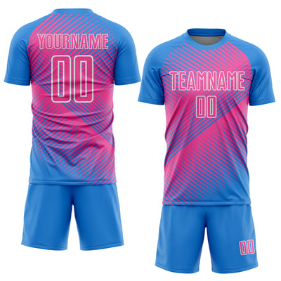 Custom Powder Blue Pink-White Line Sublimation Soccer Uniform Jersey