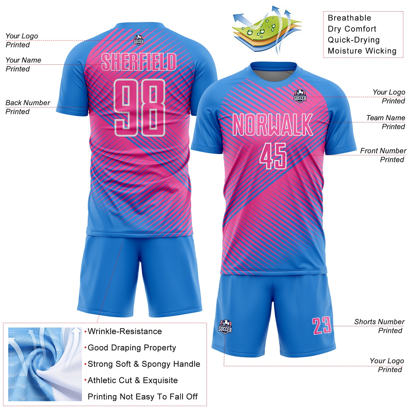 Custom Powder Blue Pink-White Line Sublimation Soccer Uniform Jersey