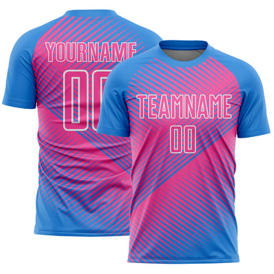 Custom Powder Blue Pink-White Line Sublimation Soccer Uniform Jersey